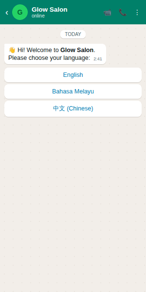 Iris WhatsApp booking flow — language picker, service, date, time and confirmation
